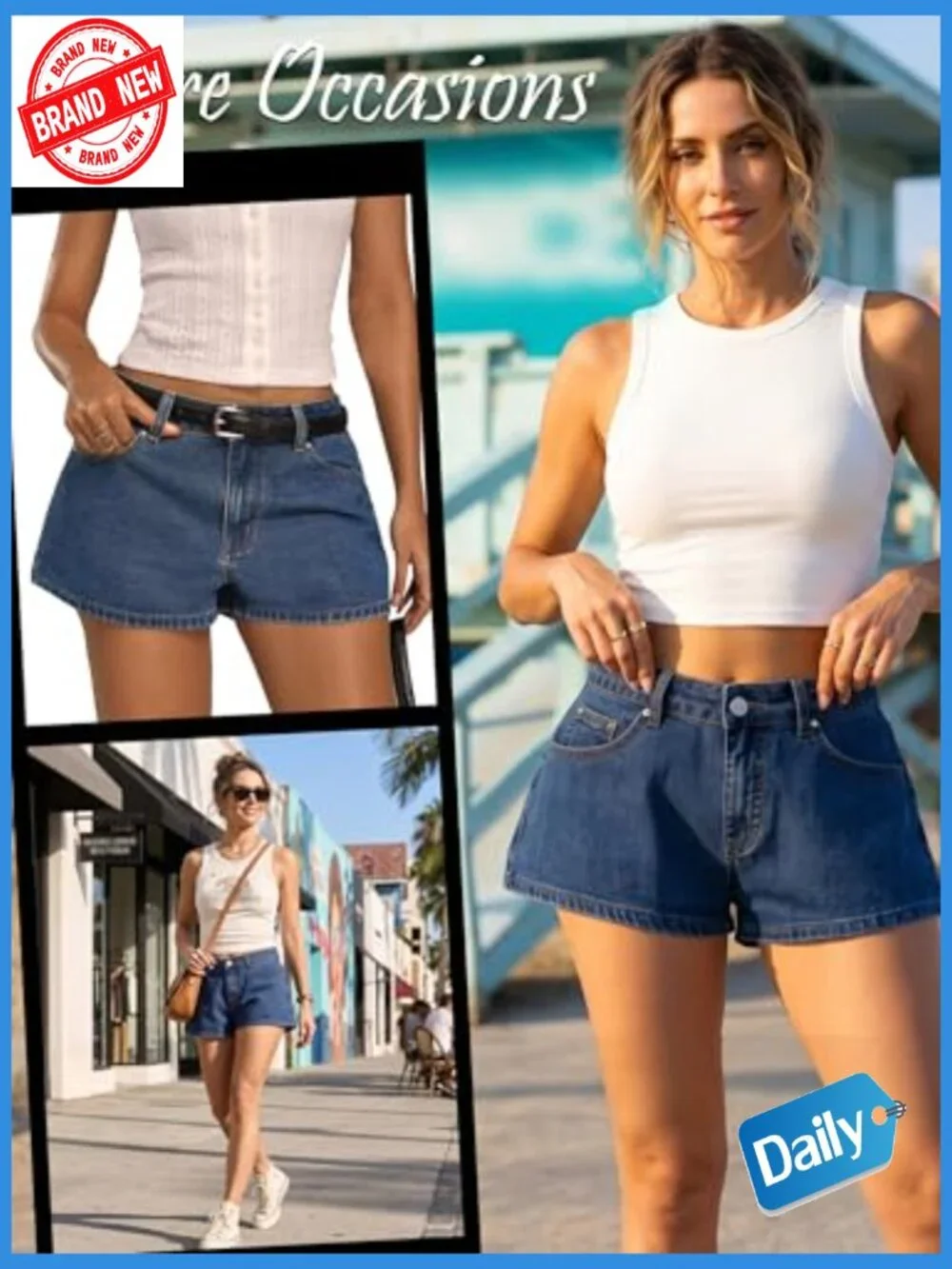 Baggy Low Rise Denim Shorts with Leather Patch High Stretch